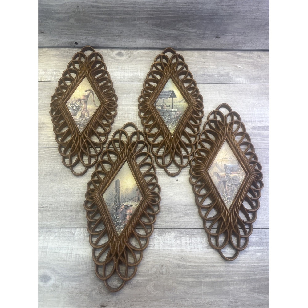 Country Scene #1350 Diamond Plaques Burwood Set Rustic Set Of 4 Wall Hanging Vtg